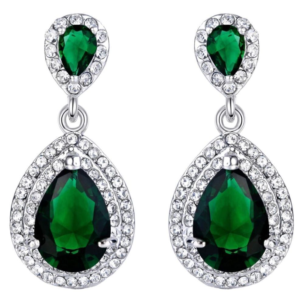 Silver with Emerald Green and Diamond CZ Double Teardrop Dangling Post Earrings